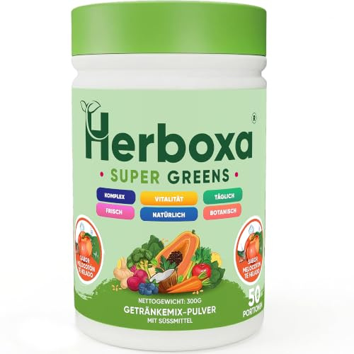 Herboxa SUPER GREENS - Premium Greens Mix - Contains Chicory Root, Zinc and Chromium - Ice Peach Flavor - 50 Servings