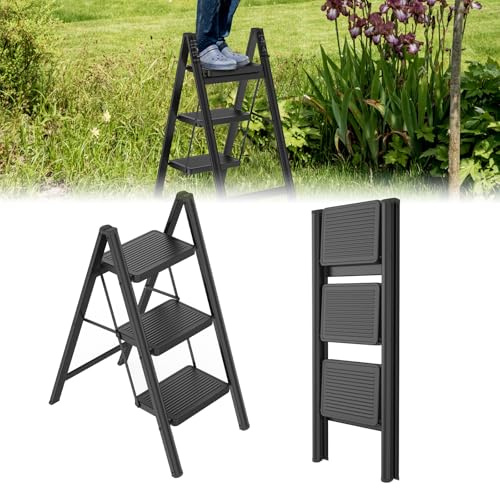 UISEBRT Scaletta pieghevole a 3 livelli, scaletta antiscivolo, portata fino a 250 kg, pieghevole, per casa, cucina, ufficio, colore nero