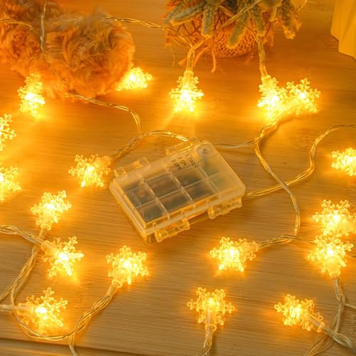 Dalugo Lichterkette Außen Batterie, 6M 40 LED Outdoor Lichterketten mit Timer, IP65 Wasserdicht Warmweiß Schneeflocke Lichterkette Batterie Aussen für Weihnachtsdeko, Schlafzimmer,Balkon, Hochzeit