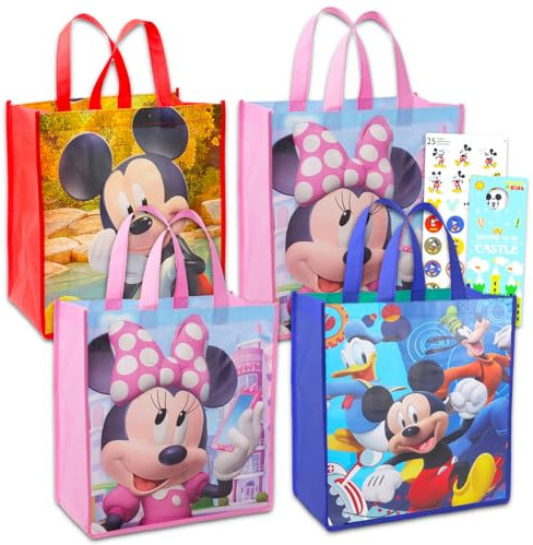 Set di 4 borse riutilizzabili con Topolino e Topolino, con adesivi di Topolino, riutilizzabili, Disney, Multicolore, Mickey Tote Bag
