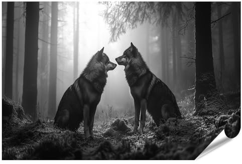islandburner XXL Bild Poster Zwei Wölfe begegnen Sich im nebligen Wald Premium Bilder Fotodruck