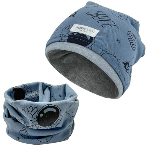 LECTNORE Berretto e Sciarpa ad Anello per Bambini, 95% Cotone 5% Spandex Cappello Sciarpa Set Autunno Inverno Cappello e Sciarpa Set Doppio Strato Contrasto Colore Pile Cappello (Blu Scuro)
