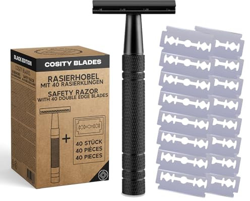 Cosity Blades Rasierhobel + 40 Rasierklingen | Safety Razor | Rasierhobel aus Edelstahl | Schwarz | Herren und Damen