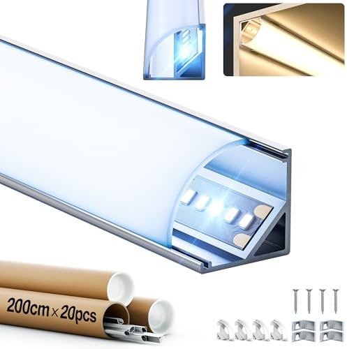 GEEKLUX Led Aluminium Profil 2m x 20 (gesamt 40m) led eckprofil 45 grad V-Form für Led Stripes/Streifen led deckenleiste Led Schiene und Diffusor, mit Endkappen und Montageclips - 2000x15,8x15,8mm