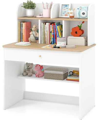 GYMAX Wooden Kids Desk, Children Study Table with Storage Shelf, Drawer and Hutch, Student Writing Desk for Reading, Studying, Drawing (White + Natural)