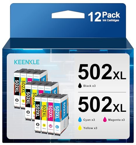 KEENKLE 502XL Kompatible Tintenpatronen für Epson 502 XL Multipack für Expression Home XP-5100 XP-5105 Workforce WF-2860 WF-2865 WF-2860DWF WF-2880 (3 Schwarz, 3 Cyan, 3 Magenta, 3 Gelb, 12er-Pack)