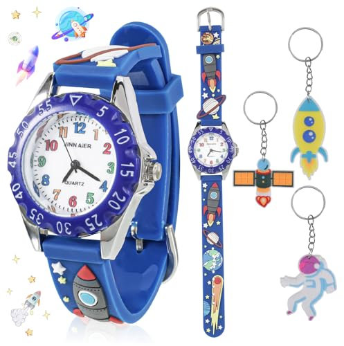 YUWJOOWEE 4 PCS Analoge Kinderuhr für Jungen - Weltraum Zeit Lehrer Uhr Armbanduhr Analoguhr Kleinkind Digitaluhr Baby Cartoon
