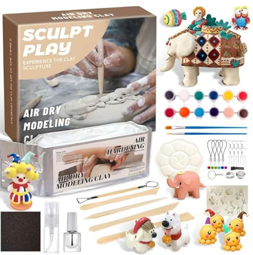 Töpferset, Töpferset für Zuhause, Töpfer-Set Enthält 500g Lufttrockenen Ton, Pottery Set für Anfänger, Enthält Werkzeuge, Pinsel und Farben, Töpferset für Kinder für Verschiedene DIY-Projekte