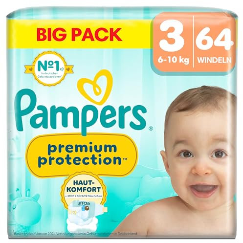 Pampers Premium Protection Größe 3, 64 Windeln, 6kg-10kg, Doppelter Schutz für die Haut und vor Auslaufen