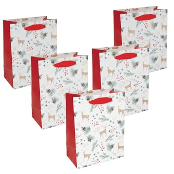 SIGEL Premium Geschenktüten Weihnachtsmotive Aquarell 18 x 23 5er Set | GT133/5, Weiß Gold Rot mit eleganten Seidenbandgriffen