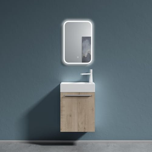 doporro Badezimmer-Set Waschplatz Badmöbel-Set Gäste WC Waschbecken Waschtisch mit Unterschrank in Eiche Greige Waschbeckenunterschrank 46x26x63cm Pisa