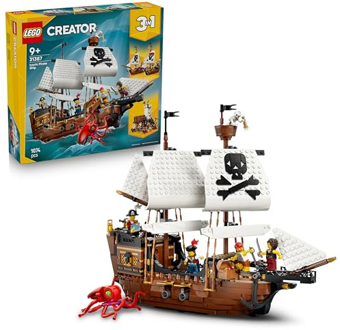 LEGO Creator 3 in 1 Iconica Nave da Pirata - Giocattolo Trasformabile in Castello o in 2 Barche Gemelle - Decorazione per la Cameretta - Regalo di compleanno per Bambini e Bambine da 9 Anni - 31387