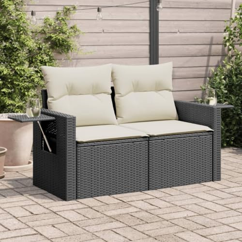 QJBSAVVA Gartensofa 2-Sitzer Schwarz Poly Rattan Outdoor mit Stauraum und wasserfestem Beutel 124x62x69 cm Bequeme Sitzecke für Balkon Terrasse und Garten