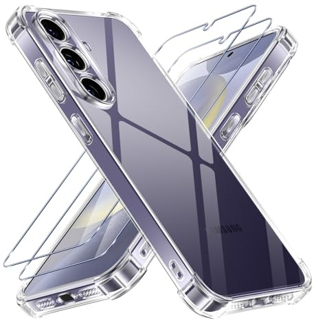 Vauki Coque pour Samsung Galaxy S24 5G avec 2 Protection D'écran Verre Trempé, TPU Bumper Transparente Case, [Coussin d'air Intégré] Antichoc Antirayures Anti-Jaunissement Mince Housse, Transparent