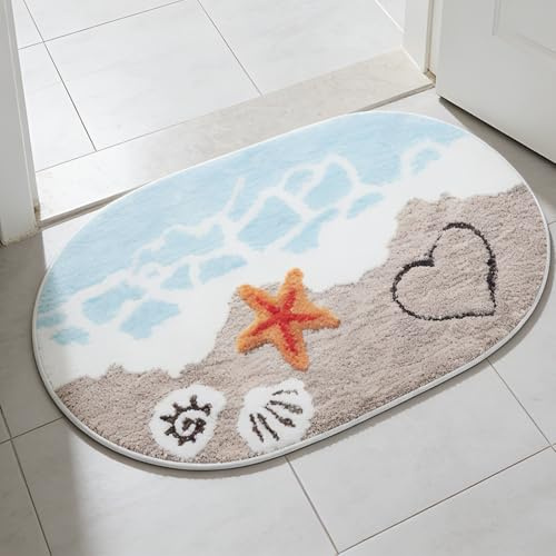 FIUTEKO rutschfeste Badematte 50×80 cm - Weiche Flauschige Badvorleger mit Sommer Strand Design rutschfeste badematte Waschbar, Antirutsch Teppich für Badezimmer, Dusche