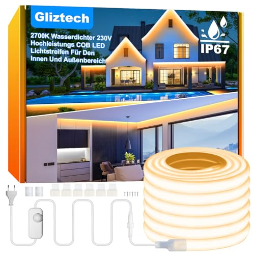 IP67 Wasserdicht COB LED Streifen AC 230V Direktstecker, Superhelles LED Lichtband Selbstklebend Außen mit Doppelsicherungs Controller, 3000K LED Strip Warmweiss für Garten Gewerbedekor (2700K, 30M)