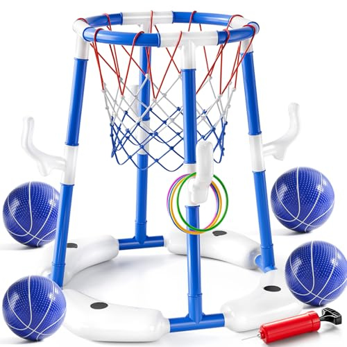JUKUDAHU Pool-Basketballkorb für Kinder 3-12 Jahren | 2-in-1 schwimmendes Pool Spielzeug, Mit Ringwurfspiel, 4 Bälle und Pumpe enthalten