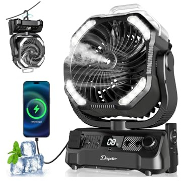 Deepoter Ventilador Camping Portátil con Nebulizador y Luz LED (Negro)