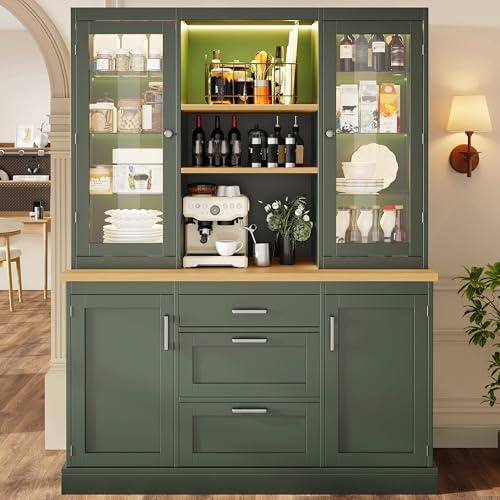 Bladez Küchenhochschrank mit 6 Schubladen und Glastüren, Vorratsschrank, 140x185 cm, mit Kippschutz und Metallschienen, für Küche und Esszimmer (Grün)