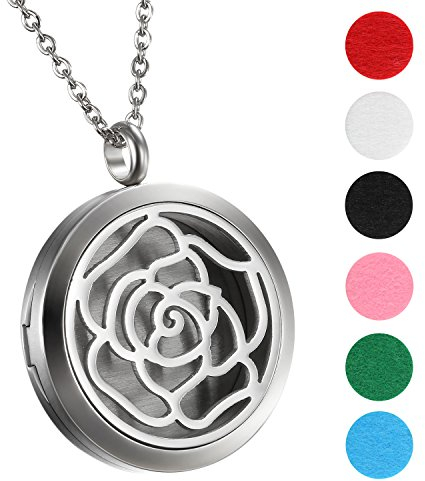 Flongo Duft Kette Aromatherapie Aroma: Halskette für Ätherische Öle Edelstahl Rose Blume Duftkette Diffuser mit 6 Farbigen Filz Pads ölpads Silber für Damen Frauen
