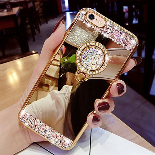 COTDINFOR iPhone 8 Plus + Hülle Bling Glitzer Diamant Spiegel Schutzhülle Kristall Strass Ständer Halter Stoßdämpfend TPU Silikon Handy Crystal Etui für iPhone 7/8 Plus + Ring Mirror Gold.