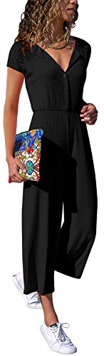 Cassiecy Jumpsuit Damen Elegant Kurzarm Playsuit V-Ausschnitt Casual Lose Overalls Lang Romper (S, Z-Schwarz)