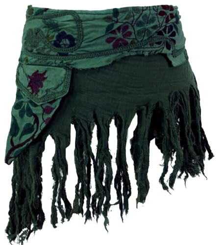 GURU SHOP Goa Minirock, Wickelrock, Cacheur, Fransenrock | Super kurzer Lagenrock, 100% Baumwolle, Stickerei, verstellbar, kleine Tasche, Slim Fit, vielseitig kombinierbar.