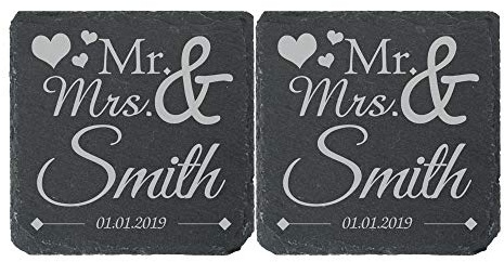 Personalised Engraved Square Slate Wedding Coaster Mr&Mrs with Hearts Set of 2
