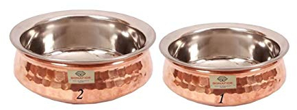 Bona Fide reines Kupfergeschirr und Serviergeschirr, Servierschüssel, indisches Handi-Set, Kupfer-Schüssel-Set, Kupfer-Edelstahl-Servierschalen zum Servieren, traditionelles 300 ml und 600 ml Set (14