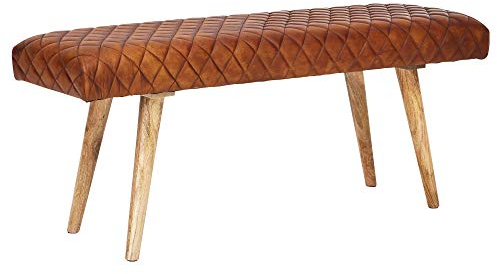 FineBuy Sitzbank Echtleder/Massivholz Bank 115x53x38 cm, 2er Polsterbank Flur Esszimmer Braun, Kleine Bettbank Leder, Dielenmöbel Flurbank