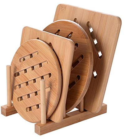 Cozywind Topfuntersetzer Untersetzer aus Bambus-Holz 4er Topf Untersetzer Hitzebeständig Pfannenuntersetzer-Set mit Abtropfgestell für Küche Schüssel Töpfe und Pfannen (15cm+18cm)