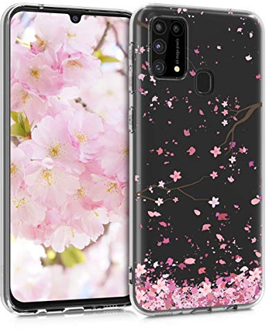 kwmobile Case kompatibel mit Samsung Galaxy M31 - Hülle Silikon transparent Kirschblütenblätter Rosa Dunkelbraun Transparent