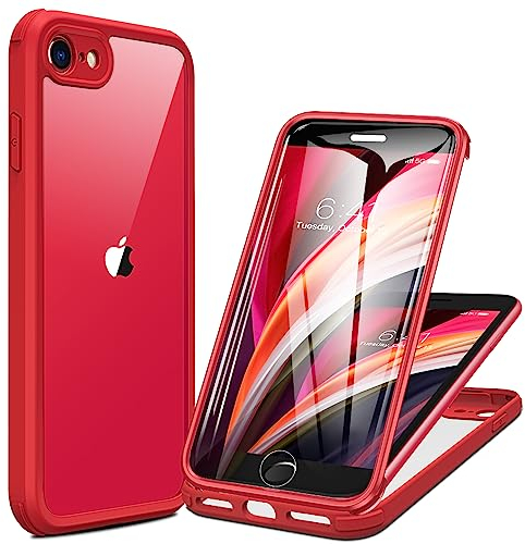 iPhone SE 2022 & 2020 Case, iPhone 8 Case [Built-in Glass Screen Protector] Military Grade Full Body 360 Shockproof Stylish Bumper Transparent Back Case Cover for iPhone SE 2020/ iPhone 8 (Red)