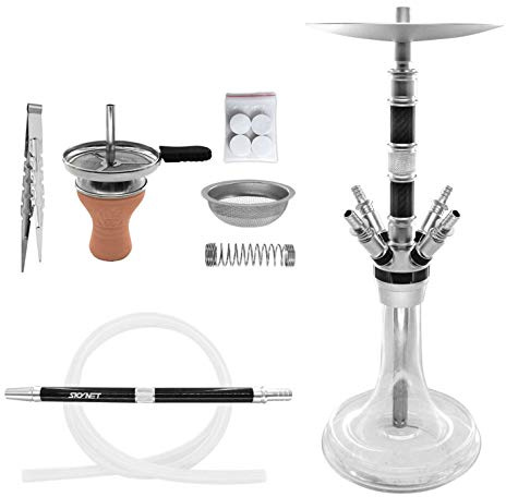 Skynet® Carbonia 2.0 Shisha Set Hookah 71cm Carbon Alu + Zubehör | Wasserpfeife Komplett Schlauch Mundstück Shishakopf Sieb Kaminaufsatz 18/8 Schliff