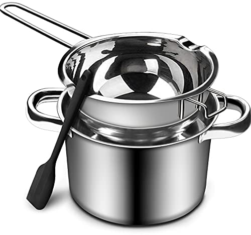 Doppelkessel Schmelztiegel-Kit, 1000ml Wasserbad-Schmelzschale Dampfgarer mit Doppelgriff Edelstahl Schokolade Schmelztopf mit Silikon-Spatel für Schokolade Zucker Butter Käse Karamell Kerzen Wachs