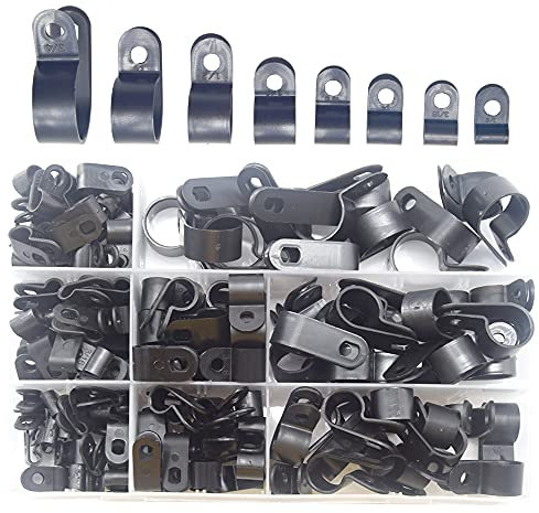 Ruidee 160 Pezzi Morsetti per Filo Nylon Clip Cavo Plastica Tipo R Ferma Cavo per Cavi Elettrici, Condotti Cavo Kit 8 Misure 1/8, 3/16, 1/4, 5/16, 3/8, 1/2, 5/8, 3/4 (RXJ/Black)