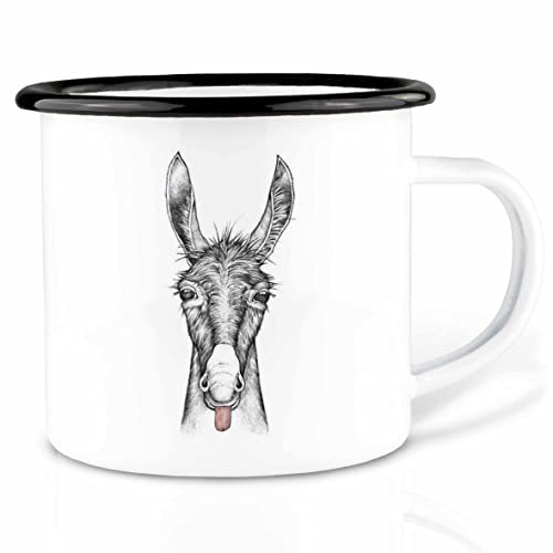 Ligarti Emaille Tasse (leicht & robust) | Camping Becher handveredelt in Deutschland | Trinkbecher für Kinder, Kaffeetasse, Emaillebecher | Essende Tiere (Lore, 300ml)