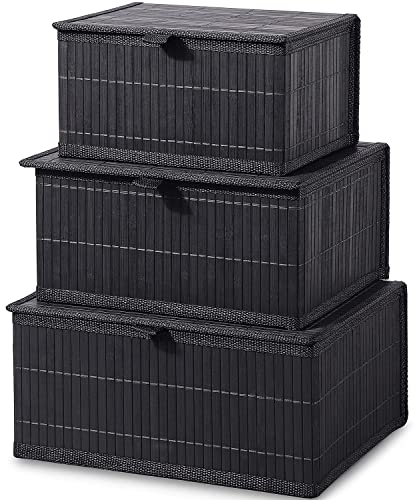 Honygebia Aufbewahrungsbox mit Deckel Schwarz – Bambus Deko Aufbewahrungskorb, 3er Set Rattan Korb mit Deckel Gewebtem Stoffeinsatz für Badezimmer Küche Regal Organisation (Groſz/Mittel/Klein)
