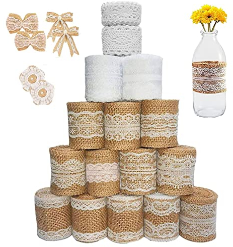 16 Rolle Juteband mit Spitze, 13M Spitzenband weiß Vintage+12M Juteband mit Spitze, Natürliche jute Bänder und Spitze, Weißer Spitze Natürlich Dekoration für Geburtstag Hochzeit Party