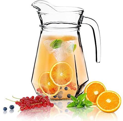 KADAX Pichet en Verre, Élégante Carafe pour Sublimer le Service de Boissons Fraîches telles que l'Eau, le Jus et la Limonade, Cruche avec Poignée (1.2L)