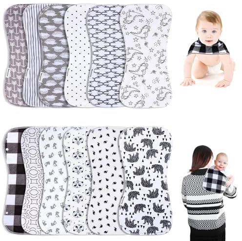 Puckdukar & babyhaklappar, 2-i-1 design, stor storlek, 3 lager, tjock, 100 % bomull, superabsorberande och mjuk, spottdukar för pojkar och flickor, 12 stycken