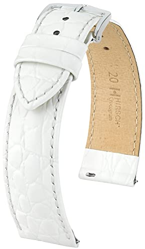 HIRSCH Uhren-Armband Crocograin L - Uhr-Band aus glänzendem Kalbs-Leder mit Krokodil-Prägung - Weiß - 20 mm