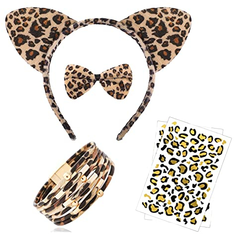 5-teilig Leoparden Kostüm Set, Leopard Gesichts Kunst Aufkleber,Tier Leopard Stirnband Fliege,Leopardenohren Haarreif,Leoparden Armband,Leopard Kostüme für Kinder,für Kostüm Party Dekoration Zubehör.