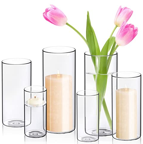 WDHODEC Hurricane Kerzenhalter Zylinderförmige Blumenvasen, Stumpen-Votivkerzenhalter, Schwimmkerzenhalter, klare Glasvase für Hochzeitsparty-Dekoration, 25,4 cm, 19,8 cm, 15,2 cm, 6 Stück