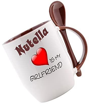Tasse m. Löffel Nutella is my girlfriend Löffeltasse, Kaffeetasse mit Motiv,Bürotasse, bedruckte Tasse mit Sprüchen oder Bildern - auch individuelle Gestaltung nach Kundenwunsch
