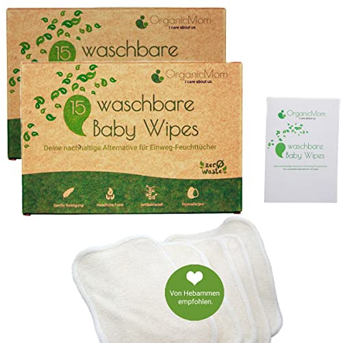 OrganicMom® Doppelpack 2 x 15 Waschbare Baby Trockentücher aus Bambus, inkl. Wäschenetz, nachhaltige waschbare Feuchttücher, Ersatz für Einweg-Feuchttücher, Baby Waschlappen Bambus