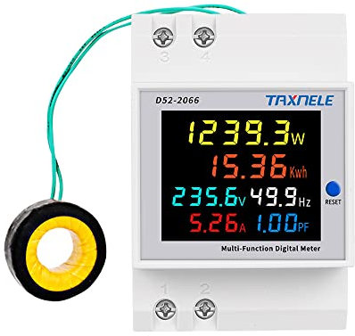 TAXNELE Misuratore di energia monofase Din Rail AC Monitor 6 in 1 Multimetro AC 40-300 V 100A Tensione Corrente Voltmetro Amperometro Watt Kwh Frequenza Power Meter 110V 230V (External CT)