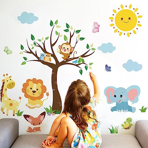 Runtoo Wandtattoo Waldtiere Baby Baum Wandsticker Dschungeltiere Elefant Giraffe Affe Wandaufkleber Kinderzimmer Babyzimmer Mädchen Junge Wanddeko