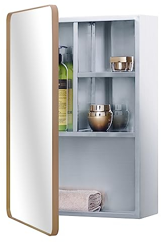 Armadietto a specchio in acciaio inox per bagno con anta con cornice color oro rosa, ripiani multipli, 37 x 53 cm