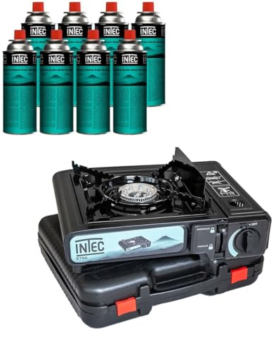 INTEC - Réchaud gaz Portable 2200 W + 8 Cartouches gaz butane Camping Road trips Piezo Mallette Etna